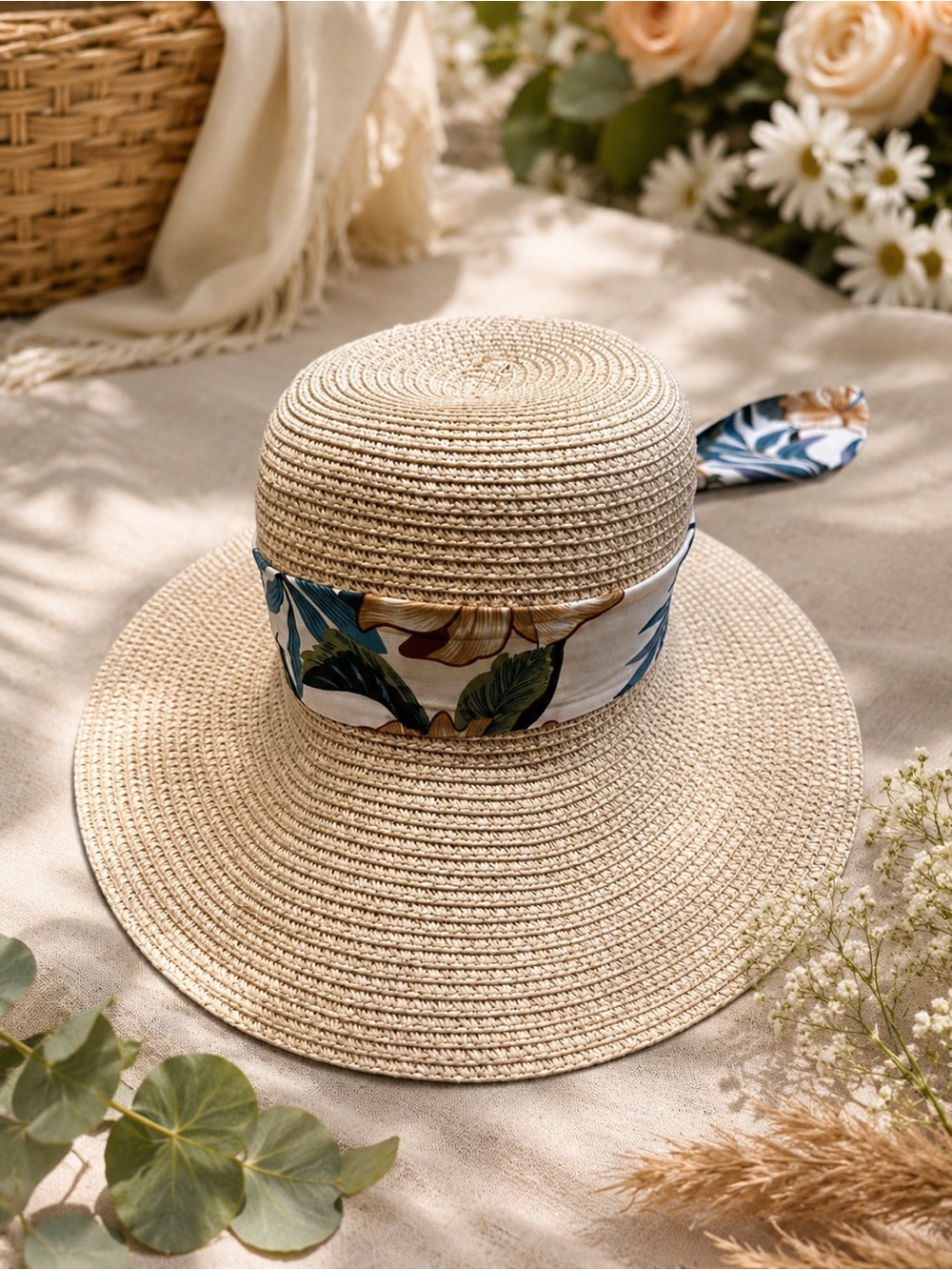 Women's Cream Straw Sun Hat with Floral Band